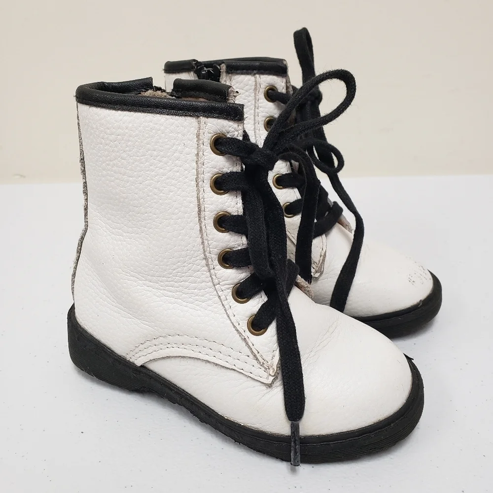 Monkey Feet Girls White Leather Boots Lace Up Side Zipper Size 18-24 Months